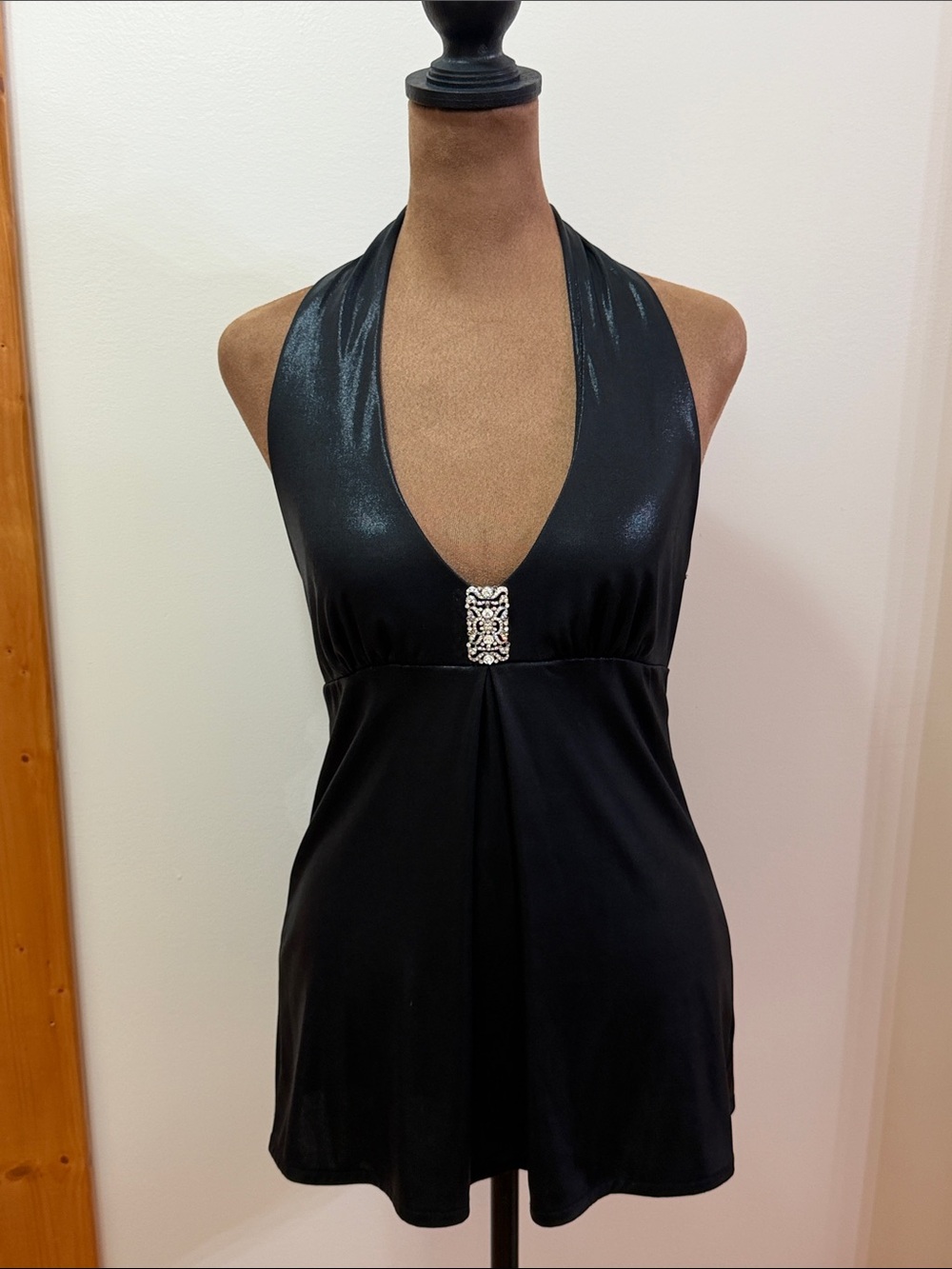 Guess Vintage Black Metallic Halter V-Neck Top with Rhinestone Accent